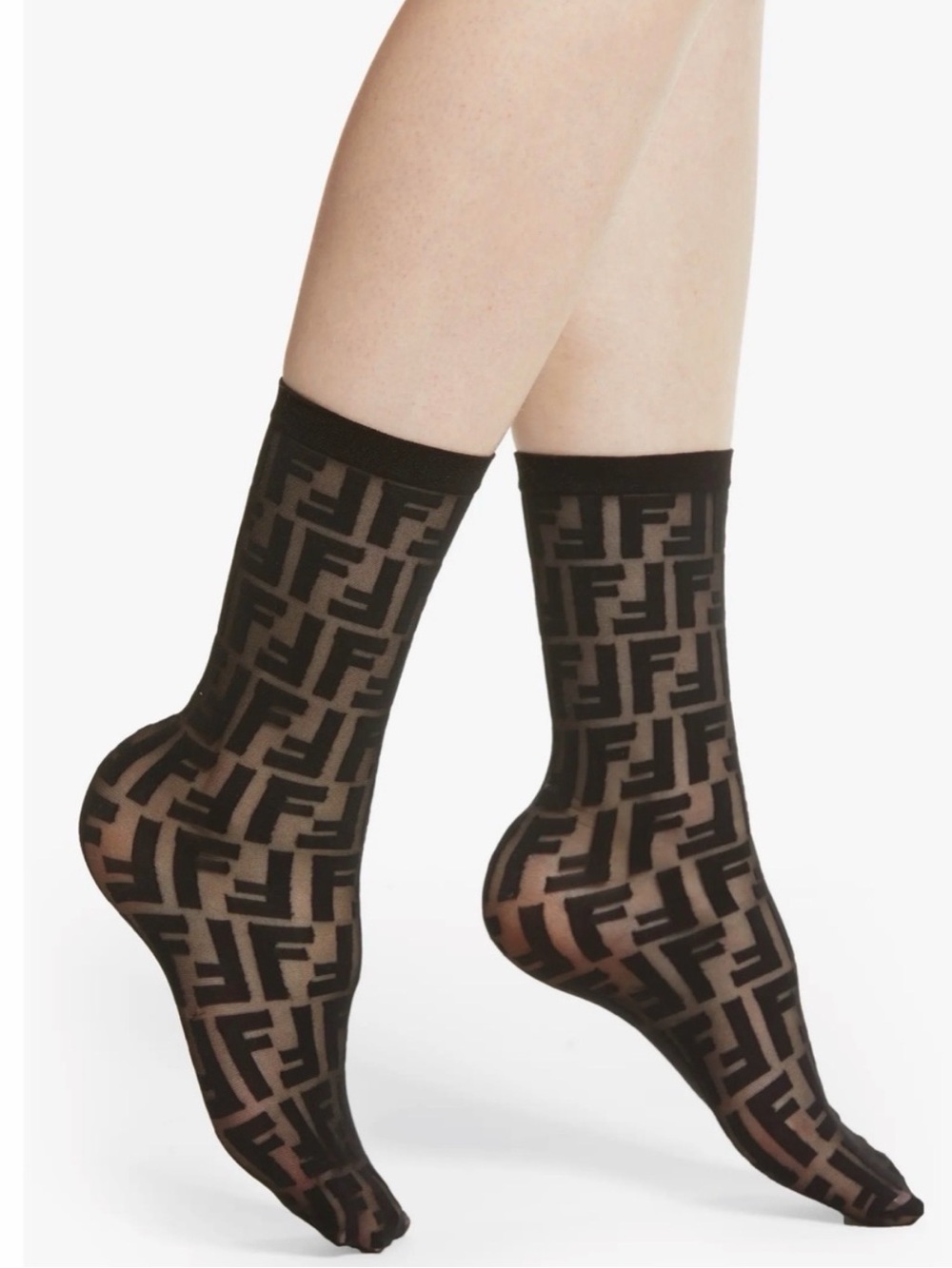 Fendi Sheer Black Logo-Pattern Crew Socks